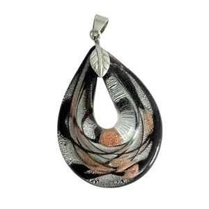 Glass Teardrop Pendant Encapsulated Metallic Swirl Design Black Silver Rosegold